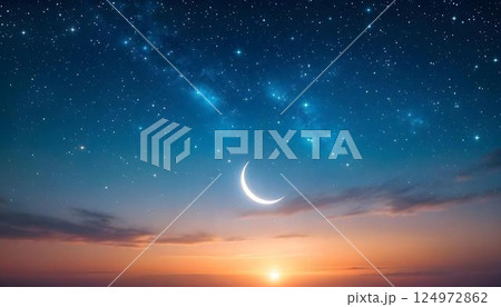 A serene Ramadan sunset reveals the moon and stars amidst a cloudy night sky, creating a tranquil atmosphere 124972862