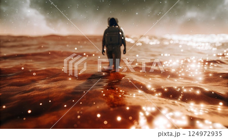 Astronaut Beneath the Nebula Lights Voyage Through Liquid Stardust 124972935