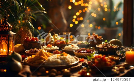A table filled with delicious Ramadan cuisine and candles, offering a warm and inviting space for gathering and celebration 124973597