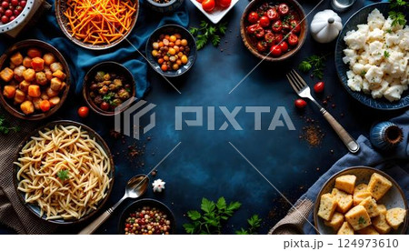 A colorful spread of rice, vegetables, and traditional foods on a table, highlighting a Ramadan feast 124973610