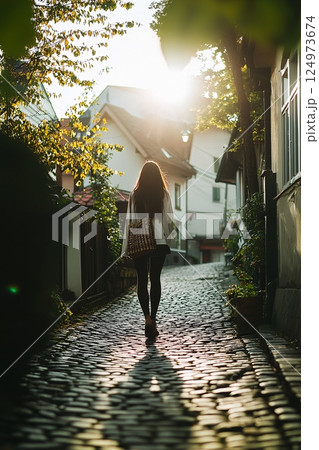 Young woman walking down a cobblestone street in the early morning light 124973674