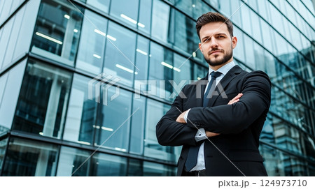 Confident Businessman in Suit Posing with Arms Crossed Against Modern Glass Building 124973710