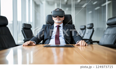Businessman Wearing Virtual Reality Glasses in Modern Conference Room Setting 124973715