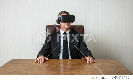 Business Professional Engaged in Virtual Reality Experience in Modern Office Setting 124973717