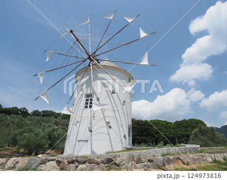 間近で見上げるギリシャ風車と夏の晴天のオリーブ園 124973816