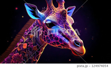 幻想的なキリンの肖像 - 鮮やかなネオンカラーと花模様が織りなす芸術作品 幻想的なキリンの肖像 - 鮮やかなネオンカラーと花模様が織りなす芸術作品 124974054