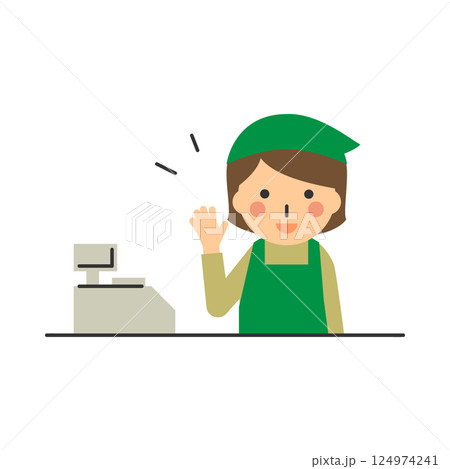 レジで笑顔で接客する女性店員のイラスト 124974241