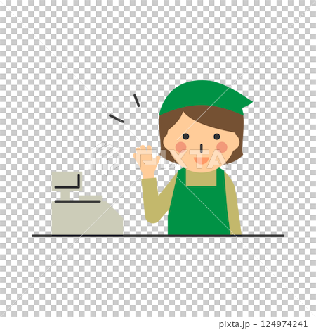 レジで笑顔で接客する女性店員のイラスト 124974241