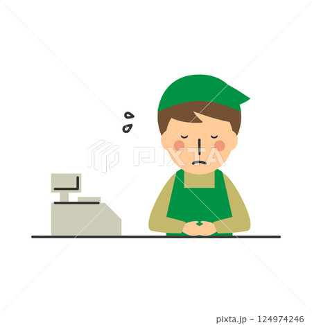 レジで謝罪する男性店員のイラスト 124974246