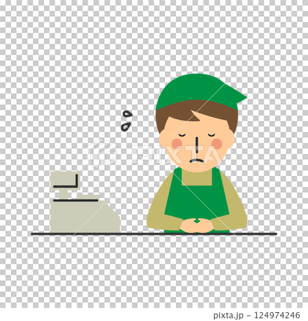 レジで謝罪する男性店員のイラスト 124974246