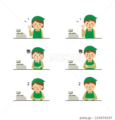 レジでのいろいろな対応する男性店員と女性店員　まとめ 124974247