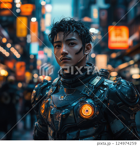 cyberpunk soldier in futuristic armor, neon city background 124974259