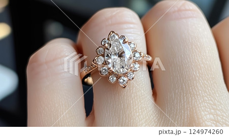 A gold ring with an oval diamond worn on a finger. Simple and elegant design with natural lighting. 124974260