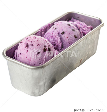 A metal tub of blueberry ice cream long title A metal container filled with rich creamy A metal tub of blueberry ice cream long title A metal container filled with rich creamy 124974290