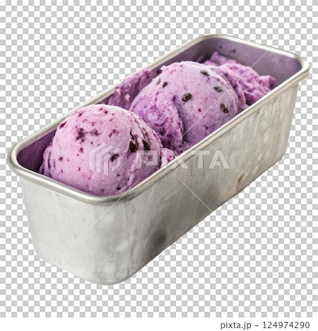 A metal tub of blueberry ice cream long title A metal container filled with rich creamy A metal tub of blueberry ice cream long title A metal container filled with rich creamy 124974290
