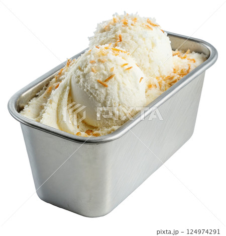 A metal tub of creamy coconut ice cream 124974291