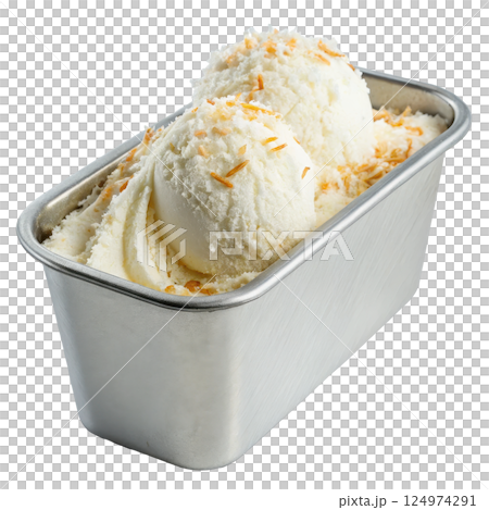 A metal tub of creamy coconut ice cream 124974291