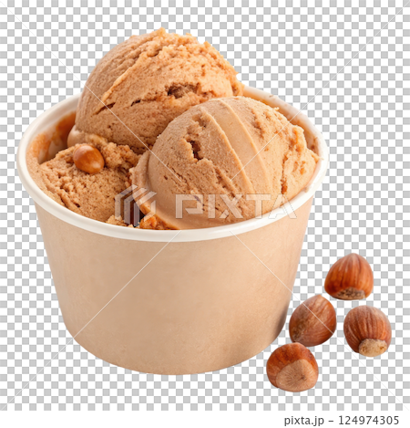 A tub of hazelnut ice cream long title A rich and creamy tub of delectable hazelnut flavored ice 124974305