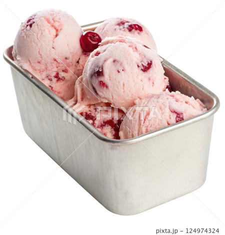 Cherry ice cream in a metal tub 124974324