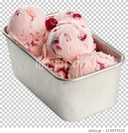 Cherry ice cream in a metal tub 124974324