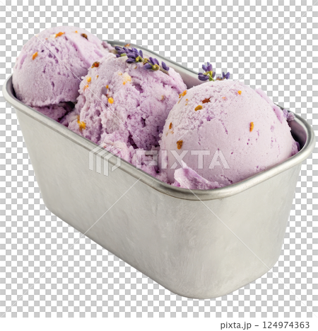Lavender ice cream in a metal tub 124974363