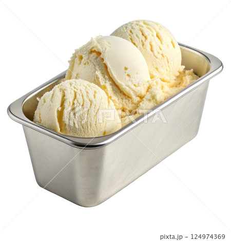 Metal tub filled with creamy vanilla ice cream Metal tub filled with creamy vanilla ice cream 124974369