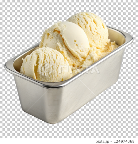 Metal tub filled with creamy vanilla ice cream Metal tub filled with creamy vanilla ice cream 124974369