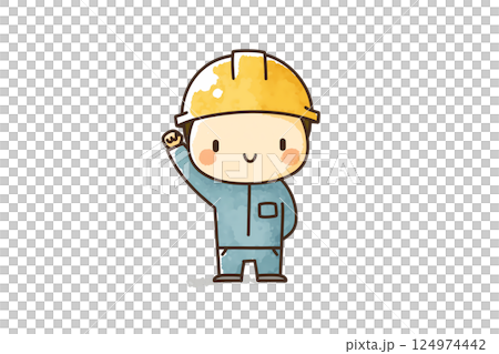 工事現場でガッツポーズをする笑顔の作業員キャラクター 124974442
