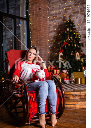 Christmas Party, Winter Holidays Woman With Cat. Christmas Party, Winter Holidays Woman With Cat. 124974663