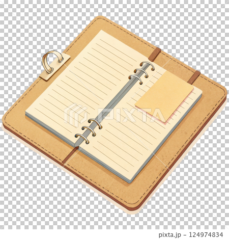 Leather bound memo pad with attached sticky note 124974834