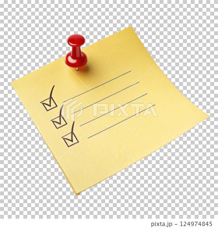 A yellow sticky note with a red push pin attached used to display important information 124974845
