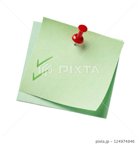 A green sticky note with a red push pin attached used to organize prioritize and communicate information 124974846