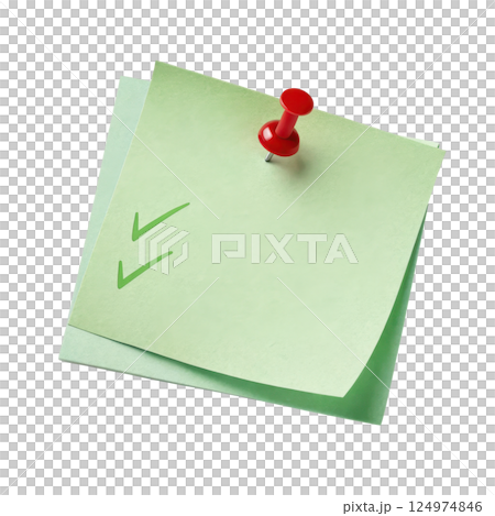 A green sticky note with a red push pin attached used to organize prioritize and communicate information 124974846
