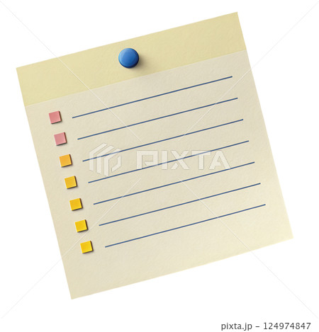 A yellow sticky note with a simple bullet point checklist and a blue push pin suggesting a minimalist organizational 124974847