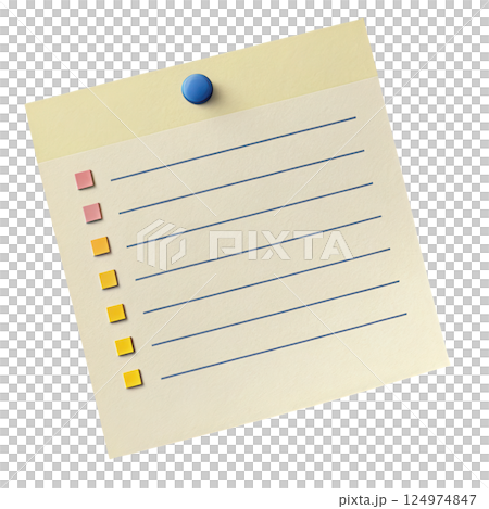 A yellow sticky note with a simple bullet point checklist and a blue push pin suggesting a minimalist organizational 124974847