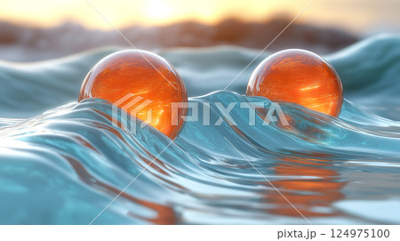 Two crystal orange balls floating in the water river background, concept design 124975100