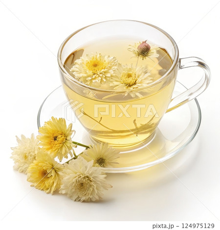 A soothing cup of fragrant chrysanthemum tea surrounded by the delicate blooms of the flower A soothing cup of fragrant chrysanthemum tea surrounded by the delicate blooms of the flower 124975129