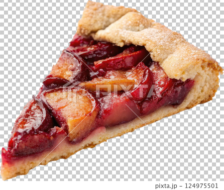 A rustic homemade slice of flaky plum galette featuring sweet and tangy plum filling encased 124975501
