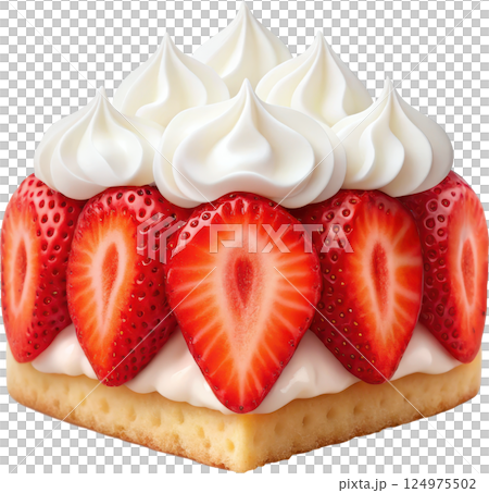 Homemade strawberry shortcake featuring a light and fluffy sponge cake layered with fresh juicy strawberries and whipped cream 124975502