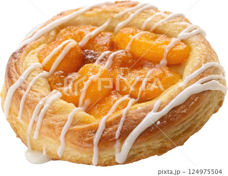 A flaky golden brown pastry filled with sweet juicy apricot preserves and drizzled with a delicate vanilla glaze 124975504