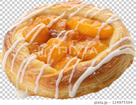 A flaky golden brown pastry filled with sweet juicy apricot preserves and drizzled with a delicate vanilla glaze 124975504