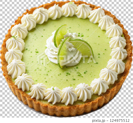 Creamy and refreshing key lime pie with a vibrant green custard filling topped with swirls of fluffy whipped cream and zesty lime slices Creamy and refreshing key lime pie with a vibrant green custard filling topped with swirls of fluffy whipped cream and zesty lime slices 124975512