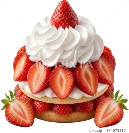 A beautifully crafted strawberry shortcake dessert featuring a fluffy sponge cake layered with fresh juicy strawberries and topped with a generous swirl of whipped cream A beautifully crafted strawberry shortcake dessert featuring a fluffy sponge cake layered with fresh juicy strawberries and topped with a generous swirl of whipped cream 124975513