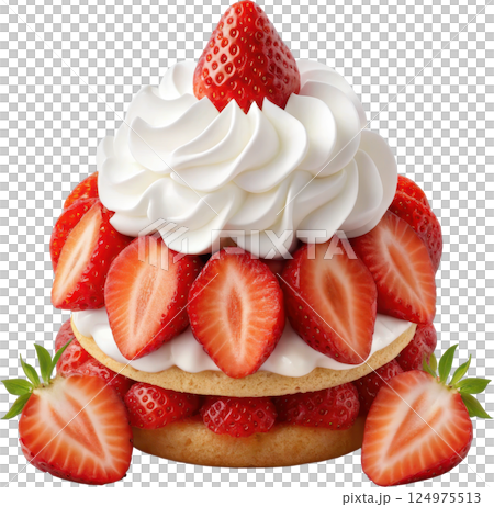 A beautifully crafted strawberry shortcake dessert featuring a fluffy sponge cake layered with fresh juicy strawberries and topped with a generous swirl of whipped cream A beautifully crafted strawberry shortcake dessert featuring a fluffy sponge cake layered with fresh juicy strawberries and topped with a generous swirl of whipped cream 124975513