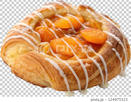 Delectable golden brown apricot Danish pastry with a flaky buttery exterior and a sweet tangy apricot filling drizzled with a delicate glaze 124975523