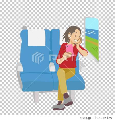 新幹線の座席から景色を眺める女性 124976129