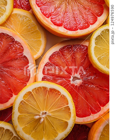 画面いっぱいに広がるスライスされたグレープフルーツやレモンの