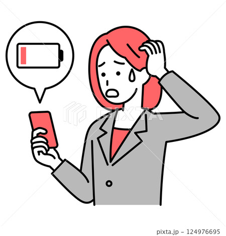 スマートフォンの充電が無くて困っているスーツの女性 124976695