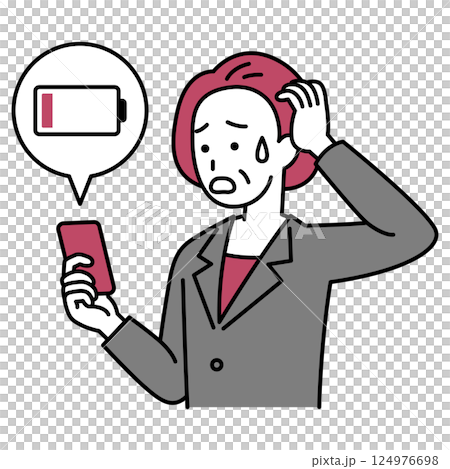 A middle-aged woman in a suit having trouble with her smartphone running out of battery 124976698