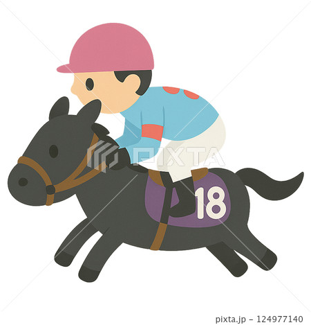 【AI作成】かわいい競走馬とジョッキーのワンカットイラスト（AIアート・DALL·E3作成 124977140